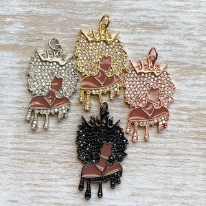 1 Black Queen Charm, Black Lady Charm, Black Woman CZ Charm, Bracelet Charms, Necklace Charms, Pendant, 38mmx23mm