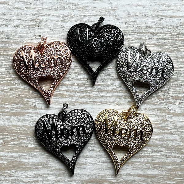 1 CZ Pave Mom Heart Charm, Heart Charm, Mothers Day Charm, Mom Charm, Bracelet Charms, Necklace Charms, Pendant, 36mmx24.5mm