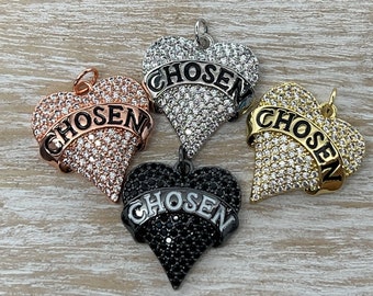 1 CZ Pave "Chosen" Heart Charm, Heart Charm, Word Charm Charm, Bracelet Charms, Necklace Charms, Pendant, 25.6mmx23.6mm