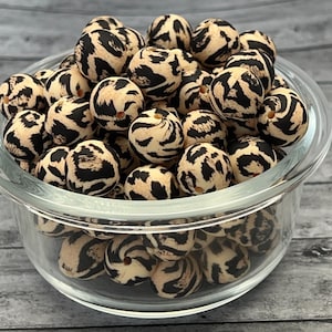 15MM Brown and Black Leopard Print Silicone Bead, Cheetah Print Silicone Beads, Silicone Bead, Animal Print Silicone Bead, 10 Bead Count