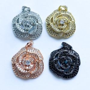 1 CZ Pave Rose Charm, Flower Charm, Bracelet Charms, Necklace Charms, Rose Pendant, Cubic Zirconia Pave Charm, 20mm