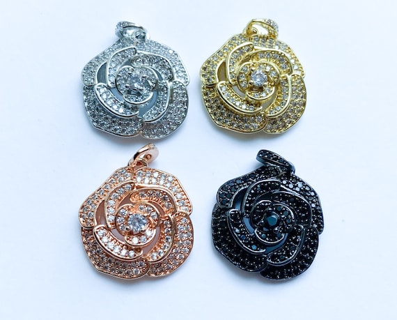 1 CZ Pave Rose Charm, Flower Charm, Bracelet Charms, Necklace Charms, Rose Pendant, Cubic Zirconia Pave Charm, 20mm
