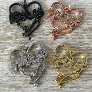 1 CZ Pave Nurse Charm, Love Nurse&#39;s Charm, Nurse Charm, Nurse & Stethoscope Charm, CZ Charms, Bracelet Charms, Necklace Charms, 34.8mmx30mm