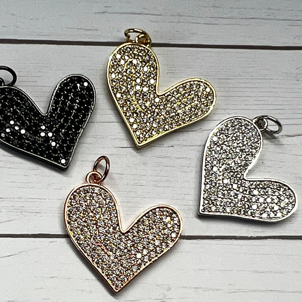 1 Small CZ Pave Heart Charm, Heart Charm, Bracelet Charms, Necklace Charms, Pendant, 26mmx23mm