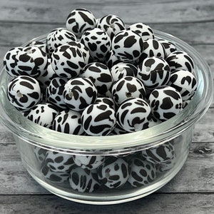 15MM Black and White Cow Print Silicone Bead, Silicone Bead, Cow Print Silicone Bead, Animal Print Silicone Bead, 10 Beads per order