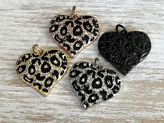 1 CZ Pave Black Leopard Print Heart Charm, Heart Charm