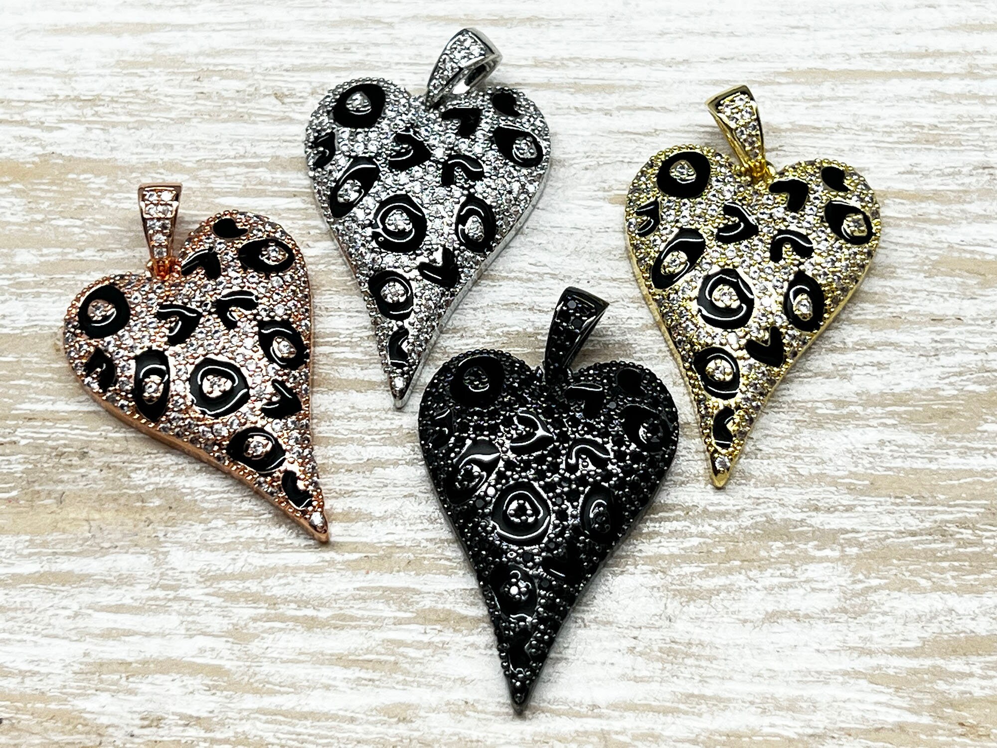 1 CZ Pave Black Leopard Print Heart Charm, Heart Charm