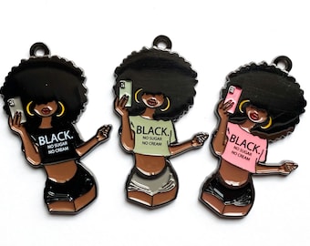 1 Black Woman Charm, Black Lady Charm, Black Girl Charm, Black No Sugar Cream Charm, Natural Hair Charm, 45mmx24mm
