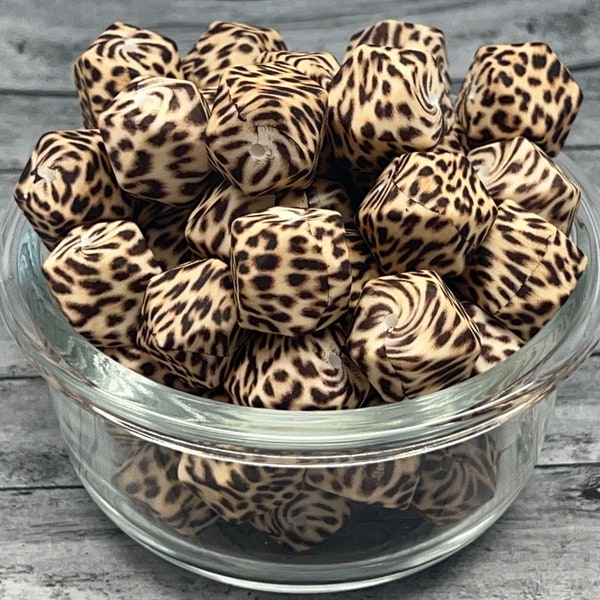 17MM Hexagon Brown Cheetah Print Silicone Bead,  Cheetah Silicone Bead, Animal Print Silicone Bead, Hexagon Bead, 10 Bead Count