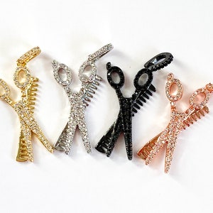 1 CZ Pave Scissors and Comb Charm, Hairstylist Charm, Stylist Charm, Bracelet Charm, Necklace Charm, Pendant, Jewelry Charm, 41mmx17mm