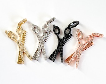 1 CZ Pave Scissors and Comb Charm, Hairstylist Charm, Stylist Charm, Bracelet Charm, Necklace Charm, Pendant, Jewelry Charm, 41mmx17mm