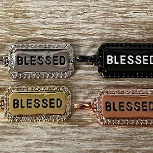 1 Small CZ Micro Pave Blessed Charm, Blessed Word Charm, Bracelet Charm, Necklace Charms, Blessed Pendant, Blessed Word Tag, 38x15mm