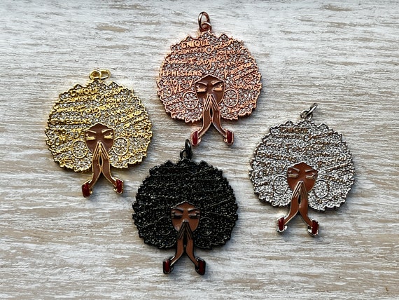 1 Black Woman Charm, CZ Pave Black Woman Praying Charm, Afro Girl Charm, Praying Charm, 40mmx30mm, Black Girl Charm, Natural Hair Charm