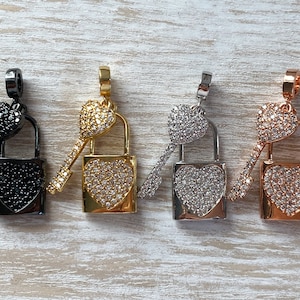 1 CZ Mini Heart Lock and Key Charm, Lock & Key Charm, Bracelet Charm, Necklace Charm, Pendant, 24mmx13mm