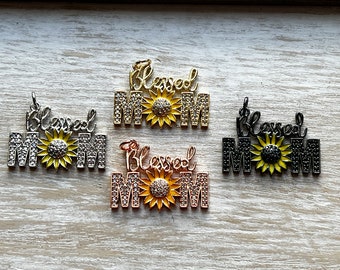 1 CZ Pave Blessed Mom Charm, Sunflower Charm, Mothers Day Charm, Mom Charm, Bracelet Charms, Necklace Charms, Pendant, 32mmx23mm