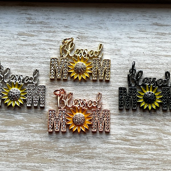 1 CZ Pave Blessed Mom Charm, Sunflower Charm, Mothers Day Charm, Mom Charm, Bracelet Charms, Necklace Charms, Pendant, 32mmx23mm