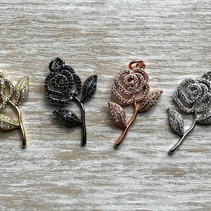 1 Rose Charm, CZ Pave Rose Charm, Flower Charm, Bracelet Charms, Necklace Charms, Pendant Charm, Cubic Zirconia Pave Charm, 34mmx22mm