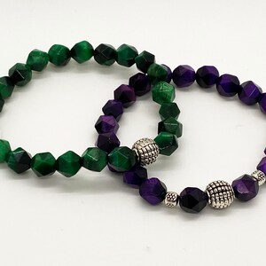 Beaded Bracelet, Tiger Eye Beaded Bracelet, Stretch Elastic Cord Beaded Bracelet, Green Tiger Eye, Purple Tiger Eye, Gift for Family