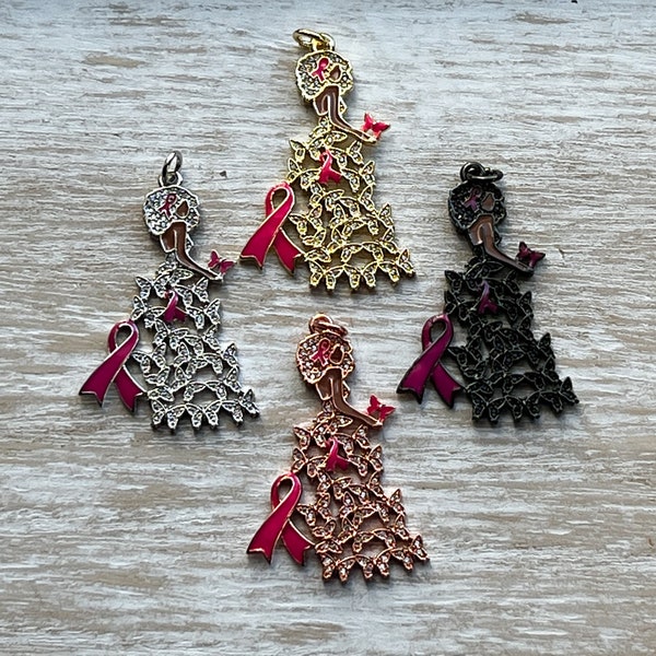 1 CZ Pave Breast Cancer Awareness Charm, Awareness Charm, Breast Cancer Charm, Bracelet Charms, Necklace Charms, Pendant, 41mmx30mm