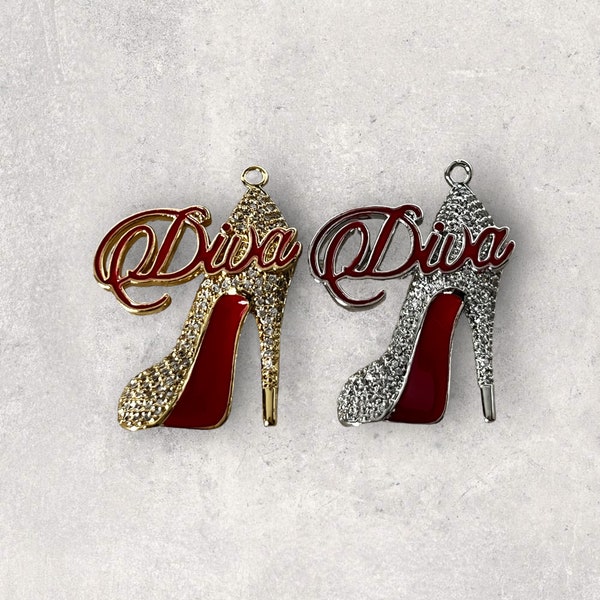 1 CZ Pave Stiletto High Heel "Red Diva" Shoe Charm, CZ Pave High Heel Shoe Charm, Bracelet Charms, Necklace Charms, Pendant, 34mmx25mm