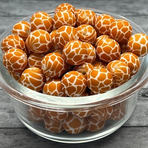 15MM Giraffe Print Silicone Bead, Silicone Bead, Giraffe Print Silicone Bead, Animal Print Silicone Bead, 10 Beads per order