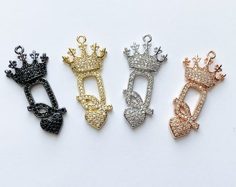 1 CZ Pave Queen of Hearts Charm, Queen Charm, Bracelet Charm, Necklace Charm, Pendant, 33x16.5mm