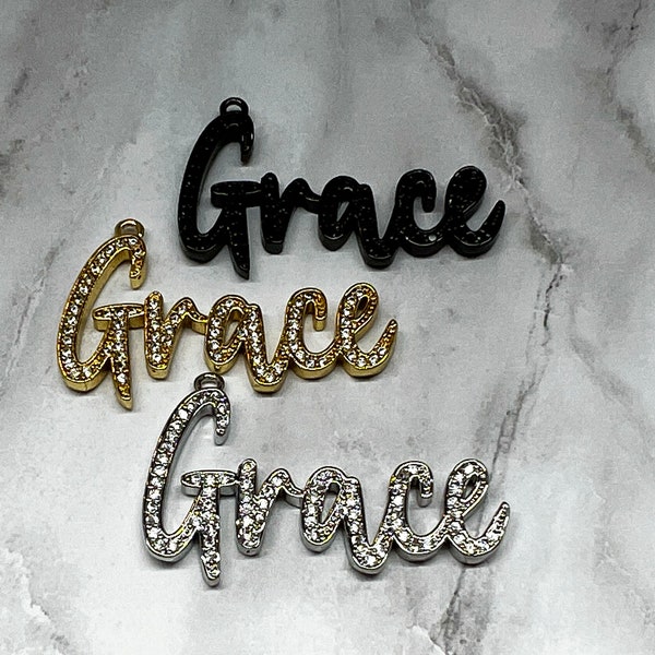 1 CZ Micro Pave Grace Charm, Word Charm, Bracelet Charm, Necklace Charms, Grace Pendant, 35x21mm