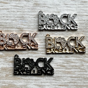 1 Black Excellence Charm, CZ Pave Black Excellence Charm, Word Charm, Bracelet Charms, Necklace Charms, Pendant, 34.5mmx15mm