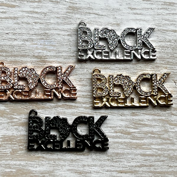 1 CZ Pave Black Excellence Charm, Word Charm, Bracelet Charms, Necklace Charms, Pendant, 34.5mmx15mm