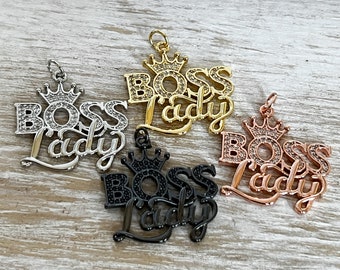 1 CZ Pave Boss Lady Charm,  Queen Charm, Bracelet Charm, Necklace Charm, DIY Jewelry Charm,Pendant, 29mmx29mm
