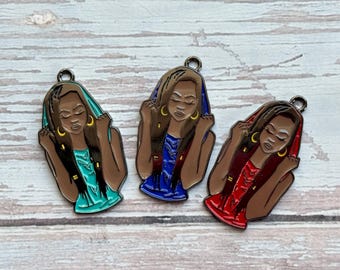 1 Black Woman Charm, Black Girl Charm, Black Lady Charm, Locs Charm, Dreadlocks Charm, Handmade Accessories Charm, 38mmx22.5mm