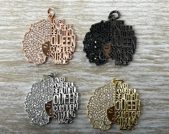 1 Black Woman Charm, Black Woman CZ Charm, Afro Girl Charm, Word Charm, Black Lady Charm, Natural Hair Charm, Positive Affirmations, 28x25mm