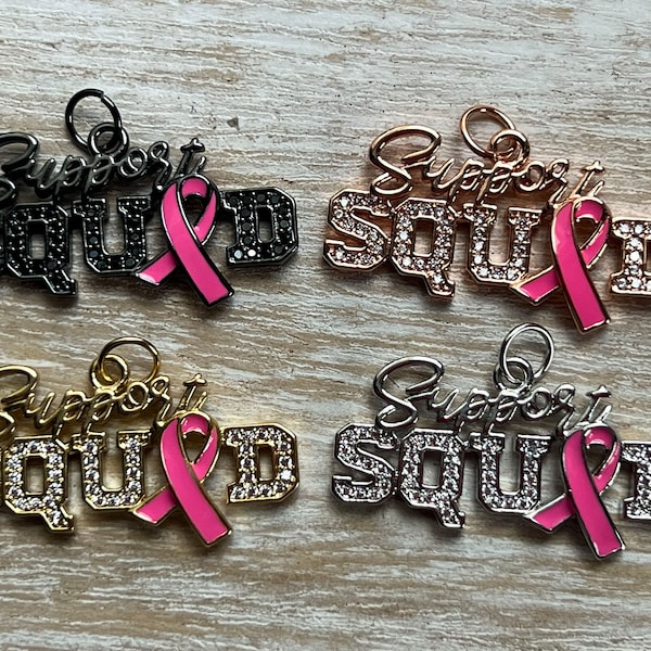 1 CZ "Support Squad" Breast Cancer Awareness Charm, Awareness Charm, Bracelet Charms, Necklace Charms, Pendant, 34mmx18.5mm