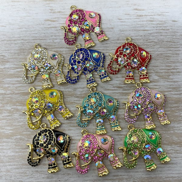 1 Gold Alloy with Colorful Rhinestones Elephant Charm, Elephant Charm, Bracelet Charm, Necklace Charm, Pendant, 36mm