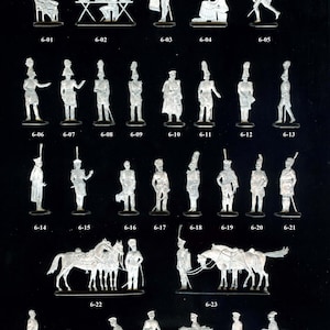 May include: A set of 30 white metal toy soldiers depicting Russian general staff officers from 1812. The soldiers are in various poses and are numbered 6-01 through 6-30. VID soldiers. F006 - Russian general staff, 1812 engraver - V. Yankovkiy