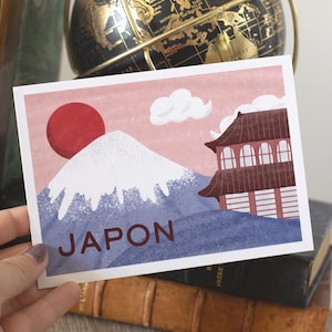 Carte postale voyage au Japon, illustration colorée avec Mont Fuji
