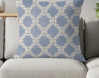 Coastal Geometric Blue Distressed Pillow | Hamptons Style Farmhouse Accent Throw Pillow Cover | Serene Home Decor