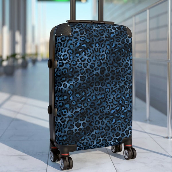 Blue Leopard Suitcase, Personalized Luggage, Leopard Print Carry-On, Roller Bag, Custom Suitcase Weekender Bag, Small, Medium,