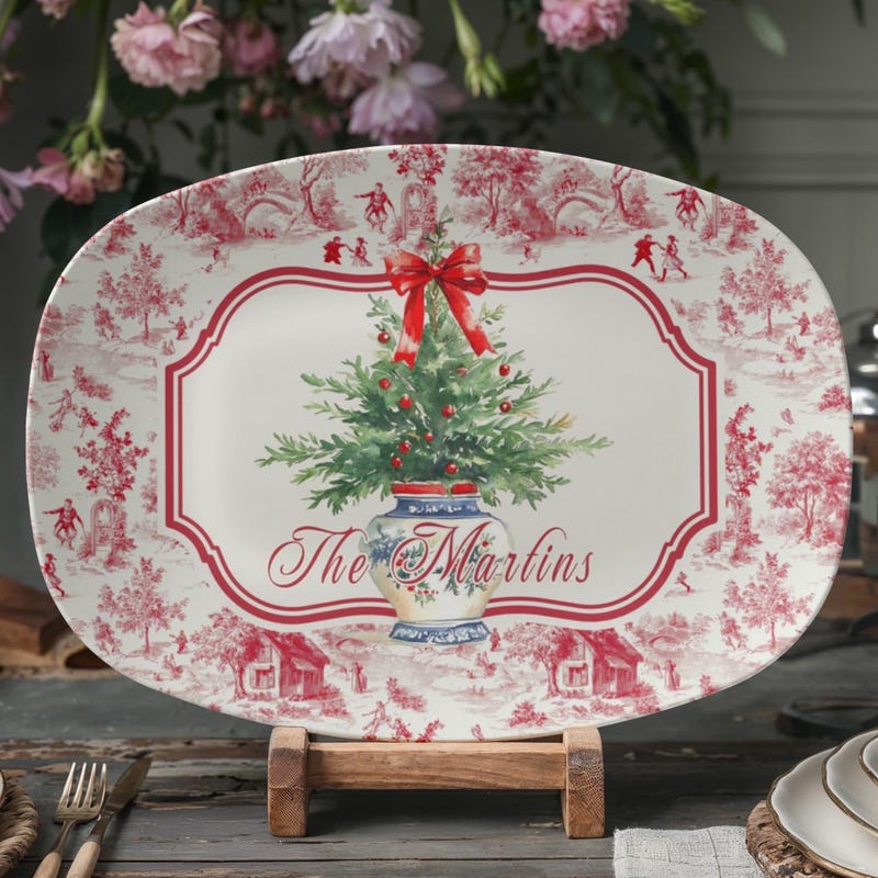 Personalized Red Toile Christmas Platter, Holiday Serving Tray, Custom Family Name, Festive Dinnerware, Chinoiserie Platter, Hostess Gift