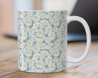 Daisy Print Coffee Mug Wraparound Design Gift for Birthday, Mother's Day, Housewarming, Holiday, Bridal Wedding Gift for Her