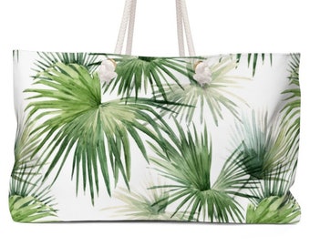 Weekender Bag with Rope Handles in Watercolor Palm Fronds Tropical Print Beach Bag, Weekender Luggage, Overnight Bag, Weekender, Carry