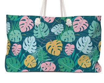 Weekender Bag with Rope Handles in Colorful Monstera Palm Hawaiian Print Beach Bag, Weekender Luggage, Overnight Bag, Weekender, Carry On