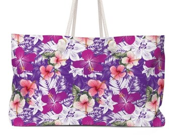 Weekender Bag with Rope Handles in Floral Hibiscus Hawaiian Print Beach Bag, Weekender Luggage, Overnight Bag, Weekender, Carry On