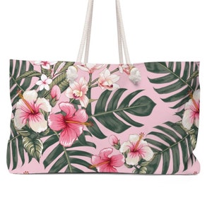 Weekender Bag with Rope Handles in Pink Hibiscus Palm Hawaiian Print Beach Bag, Weekender Luggage, Overnight Bag, Weekender, Carry On