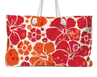 Weekender Bag with Rope Handles in Red & Orange Hibiscus Hawaiian Print Beach Bag, Weekender Luggage, Overnight Bag, Weekender, Carry On