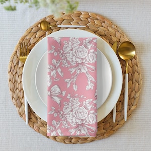 Tovaglioli in tessuto rosa Coquette Toile French Country Chic con fiocchi e motivo floreale Chinoiserie, set di tovaglioli in tessuto rosa Toile de Jouy