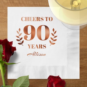 Personalized Cheers to 90 Years Foil Cocktail Napkins, Cheers 90th Birthday Napkins, Custom Birthday Napkins Custom 90th Anniversary Napkins