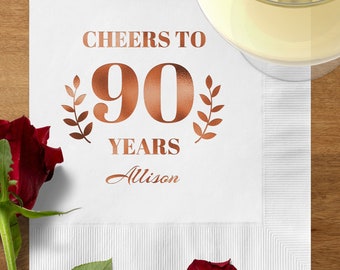 Personalized Cheers to 90 Years Foil Cocktail Napkins, Cheers 90th Birthday Napkins, Custom Birthday Napkins Custom 90th Anniversary Napkins
