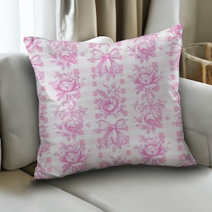 Pink Gingham Toile Throw Pillow, French Country Bow Chinoiserie Pillow, Pink Floral Toile de Jouy Cushion, Grandmillennial Preppy Pillow