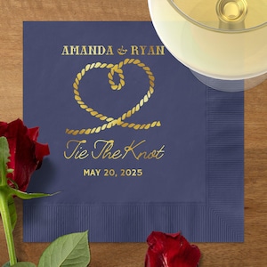 Tie the Knot Personalized Foil Coastal Wedding Napkins, Nautical Wedding Cocktail Napkins, Custom Beach Wedding Coastal Luncheon Napkins